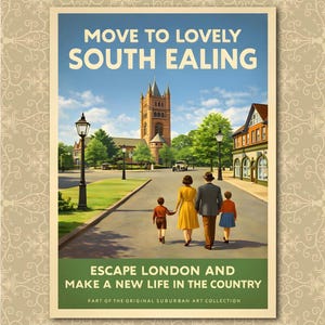 May include: A retro travel poster for South Ealing, showing a family strolling towards a church. The poster's text includes "Move to Lovely South Ealing" and "Escape London and Make a New Life in the Country", evoking a sense of nostalgia.