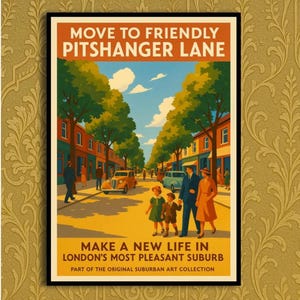 Peut inclure: Une affiche de style vintage avec le texte « MOVE TO FRIENDLY PITSHANGER LANE » et « MAKE A NEW LIFE IN LONDON'S MOST PLEASANT SUBURB ». L'œuvre représente une scène de rue avec des arbres, des bâtiments, des personnes et des voitures classiques. Fait partie de la collection d'art suburbain originale.