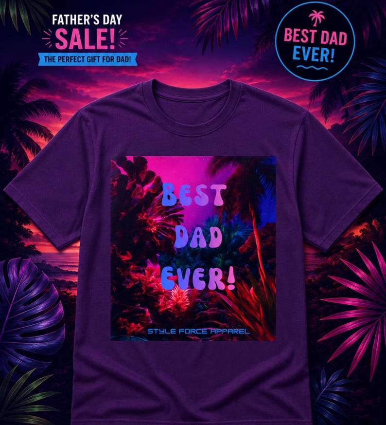 K&ouml;nnte beinhalten: Ein violettes T-Shirt mit kurzen &Auml;rmeln und einem zentralen Grafikdruck einer tropischen Landschaft mit Palmen in Rosa-, Violett- und Blaut&ouml;nen. Der Text "BEST DAD EVER!" ist in einer wellenf&ouml;rmigen, hellblauen und violetten Schriftart aufgedruckt.