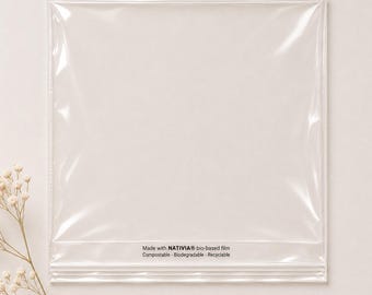 May include: A square, clear plastic bag with a resealable closure at the bottom. The bag features black printed text that reads: Made with NATIVIA bio-based film, Compostable - Biodegradable - Recyclable.