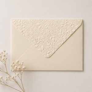May include: A cream-colored envelope featuring a triangular flap with an embossed floral pattern. The surface of the envelope has a textured paper finish. A small sprig of dried white baby's breath flowers is positioned near the bottom left corner.