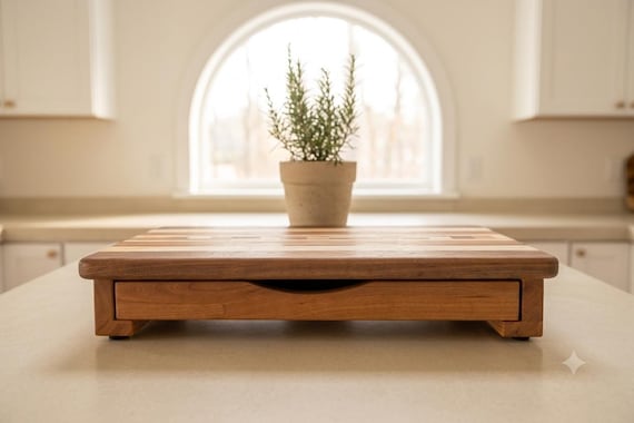 A reclaimed wood cutting board with a hidden pull-out storage drawer built in — clever functional design that solves real counter clutter.