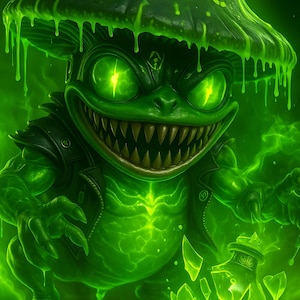 May include: A digital illustration of a green creature with glowing eyes and sharp teeth, wearing a black jacket and a mushroom cap that reads "TOXIC". The creature is surrounded by green mist and a broken glass bottle.