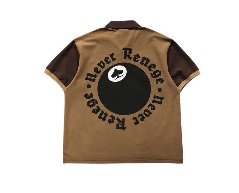 Back view of brown polo shirt with large circular embroidered design