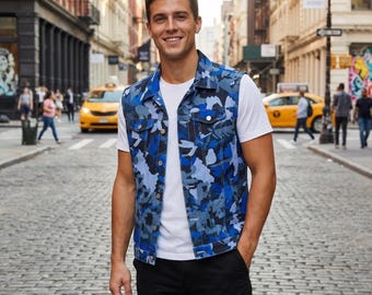 Men's Camo Vest, Urban Streetwear Sleeveless Jacket
