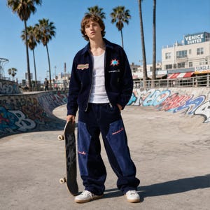 May include: A navy blue corduroy zip-up jacket with colorful embroidered patches, a white tank top, and navy blue corduroy pants featuring contrasting blue knee panels and orange embroidery, paired with white sneakers and a black skateboard.