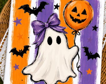 Preppy Ghost PNG | Coquette Ghost with Balloon | Girly Halloween Shirt Design | Striped Spooky Season Sublimation | Digital Download