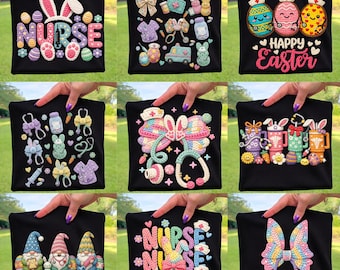 Könnte beinhalten: Schwarze T-Shirts mit farbenfrohen, gestickten Designs. Zu den Themen gehören Ostereier, Hasen, medizinische Symbole und das Wort "NURSE". Andere Designs zeigen Zwerge und Tassen zum Thema Ostern. Die Hemden werden von einer Person hochgehalten.