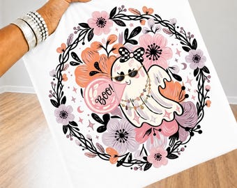 Floral Pink Ghost PNG | Cute Bubble Ghost Halloween PNG | Pastel Spooky Season Design | Boho Pumpkin Shirt | Halloween Sublimation
