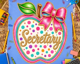 School Secretary PNG | Coquette Secretary Apple PNG | Back to School Staff Shirt Design | Colorful Polka Dot Sublimation