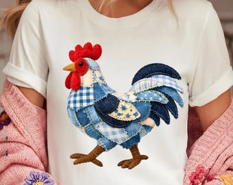 Patchwork Chicken PNG | Blue Toile Farmhouse Hen, Chinoiserie Quilt Rooster (Digital Download)