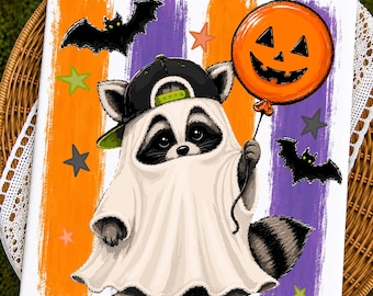 Boy Raccoon Halloween PNG | Spooky Raccoon with Balloon | Kids Halloween Shirt Design | Striped Spooky Season Sublimation | Digital Download