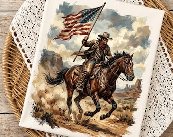 Könnte beinhalten: Leinwanddruck, der einen Cowboy auf einem Pferd zeigt, der die amerikanische Flagge schwenkt. Das Bild zeigt ein braunes Pferd, einen Cowboy mit Hut und Jacke und eine Wüstenlandschaft mit bewölktem Himmel. Die Flagge ist rot, weiß und blau.