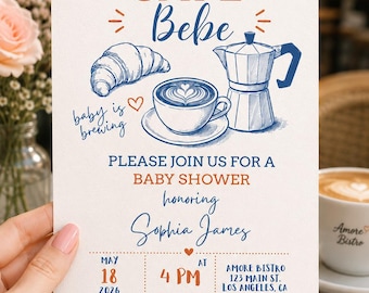 Cafe Bebe Baby Shower Invitation Template | Editable Canva Baby Is Brewing Invite | Coffee Brunch Baby Shower | Hand Drawn Bow Latte