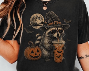 Halloween Raccoon PNG | Funny Witch Trash Panda Shirt Design | Pumpkin Spice Iced Coffee Graphic | Spooky Season Sublimation