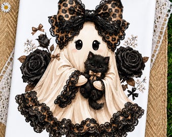 Preppy Ghost Coquette PNG | Cute Ghost with Bow & Black Cat | Girly Halloween Shirt Design | Trendy Spooky Season Sublimation