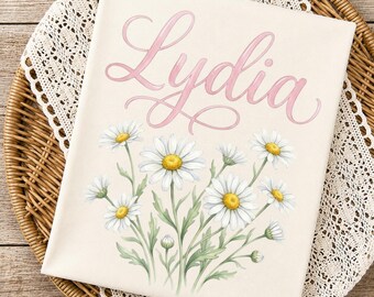 Nombre Lydia PNG / Diseño floral de margaritas personalizado / Nombre personalizado en letra cursiva rosa para chicas / Camiseta linda de primavera/verano para sublimación