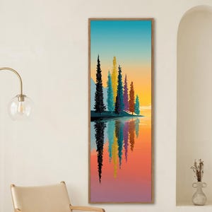 Colorful Pine Trees Lake Reflection Canvas, Modern Landscape Wall Art, Sunset Forest Decor