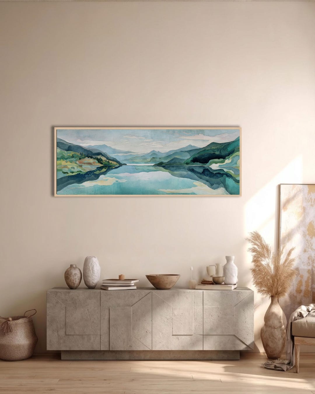 Watercolor Mountain Lake Canvas | Blue Reflection Landscape Art ...