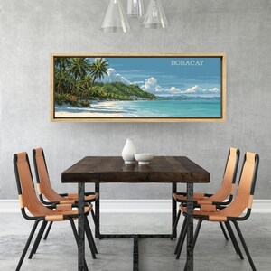 Boracay Beach Canvas – Vintage Travel Poster Style, Crystal-Clear Water, Palm Trees & Hills, Bright Flat Vector Art, Framed Wall Decor