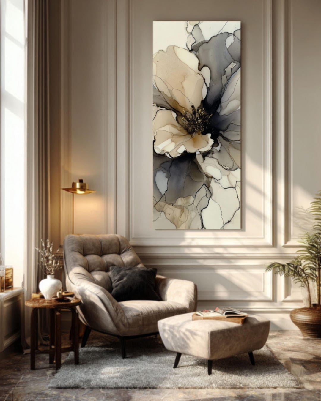 Abstract Flower Canvas Art – Neutral Beige & Gray Tones, Framed Canvas ...