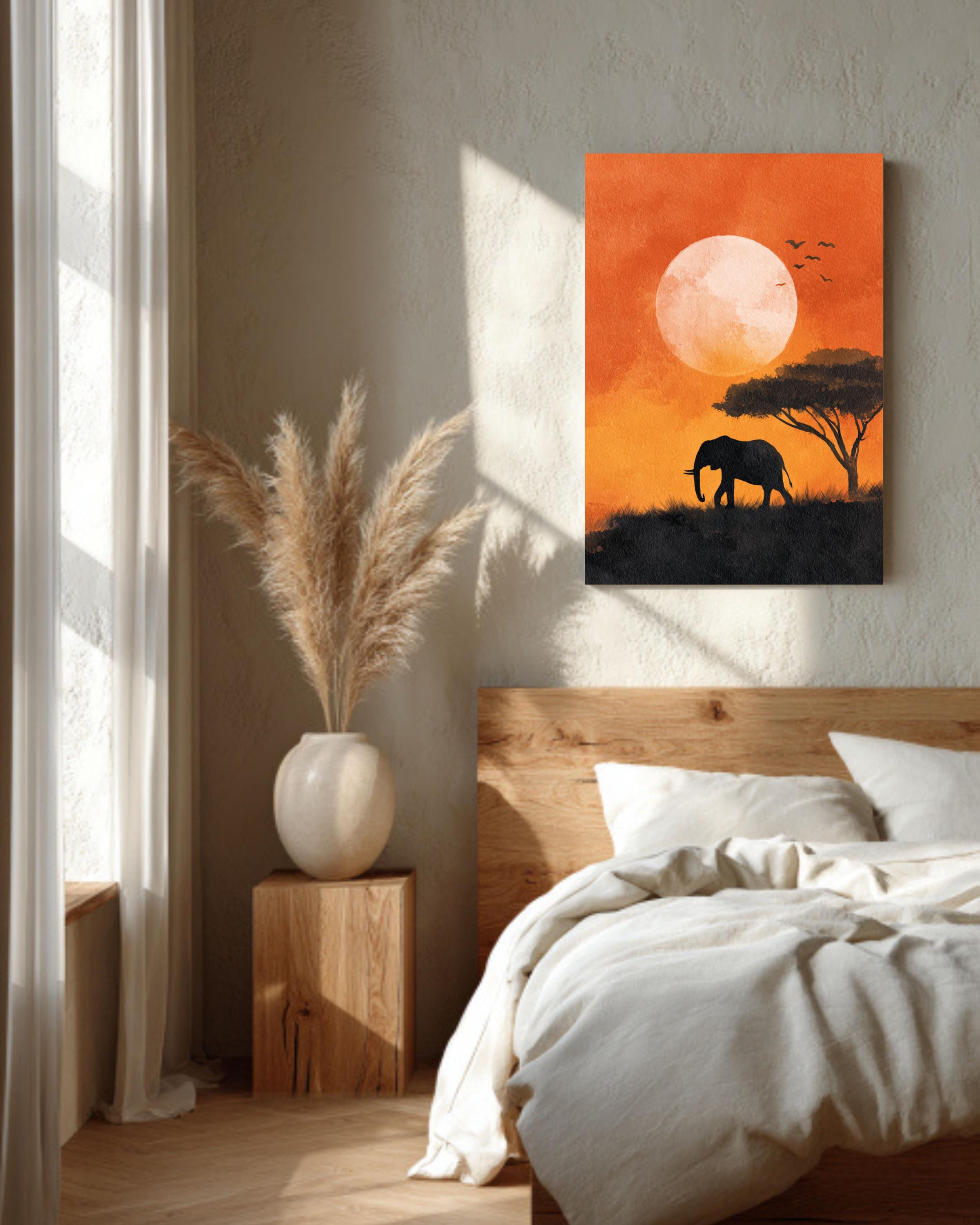 African Elephant Sunset Silhouette Canvas, Savannah Landscape Wall Art ...