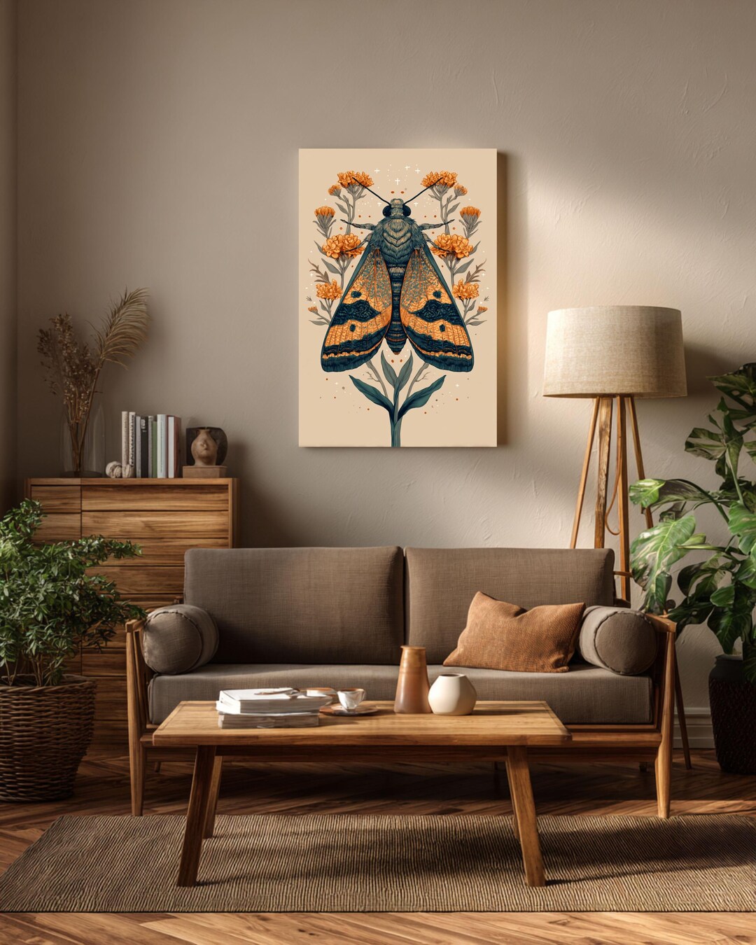 Vintage Moth Botanical Art Print | Earthy Butterfly & Wildflower Canvas ...
