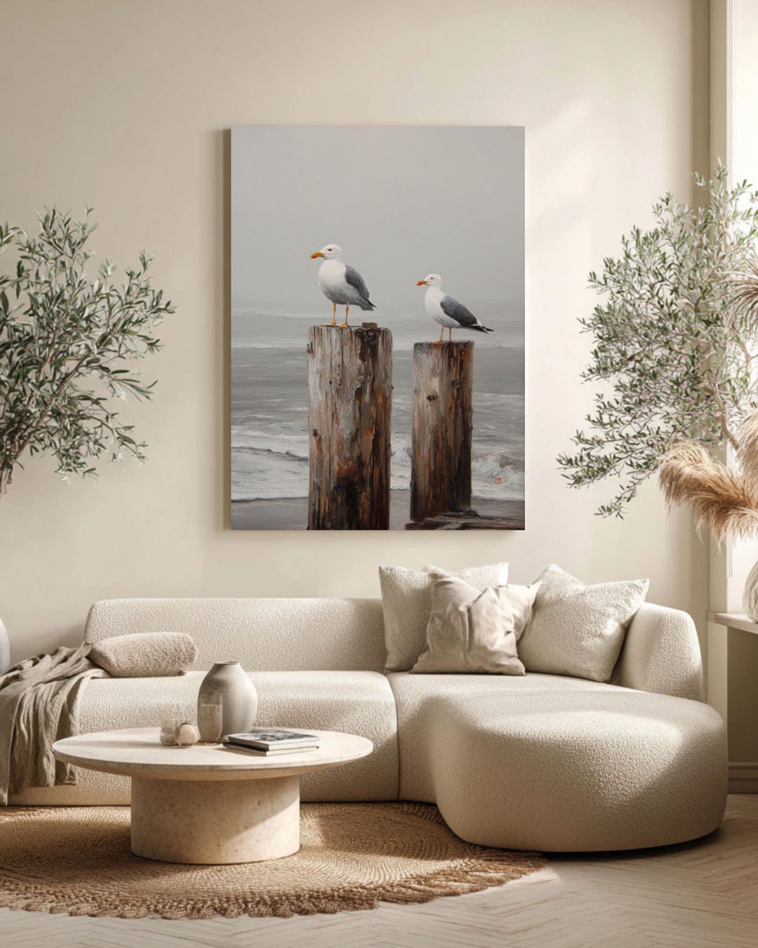 Seagulls on Pier Beach House Wall Art Coastal Foggy Ocean Painting ...