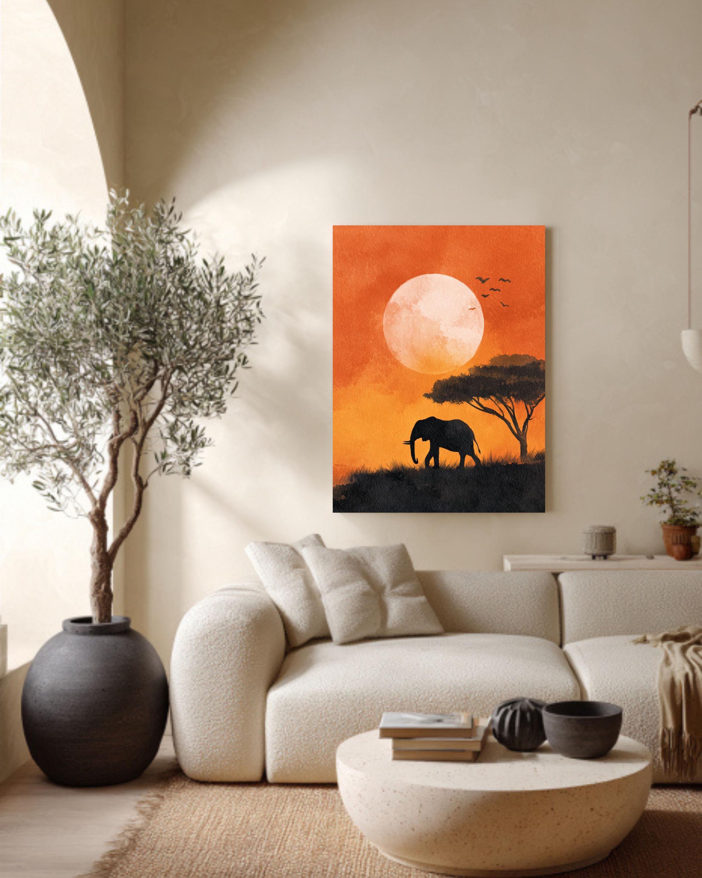 African Elephant Sunset Silhouette Canvas, Savannah Landscape Wall Art ...