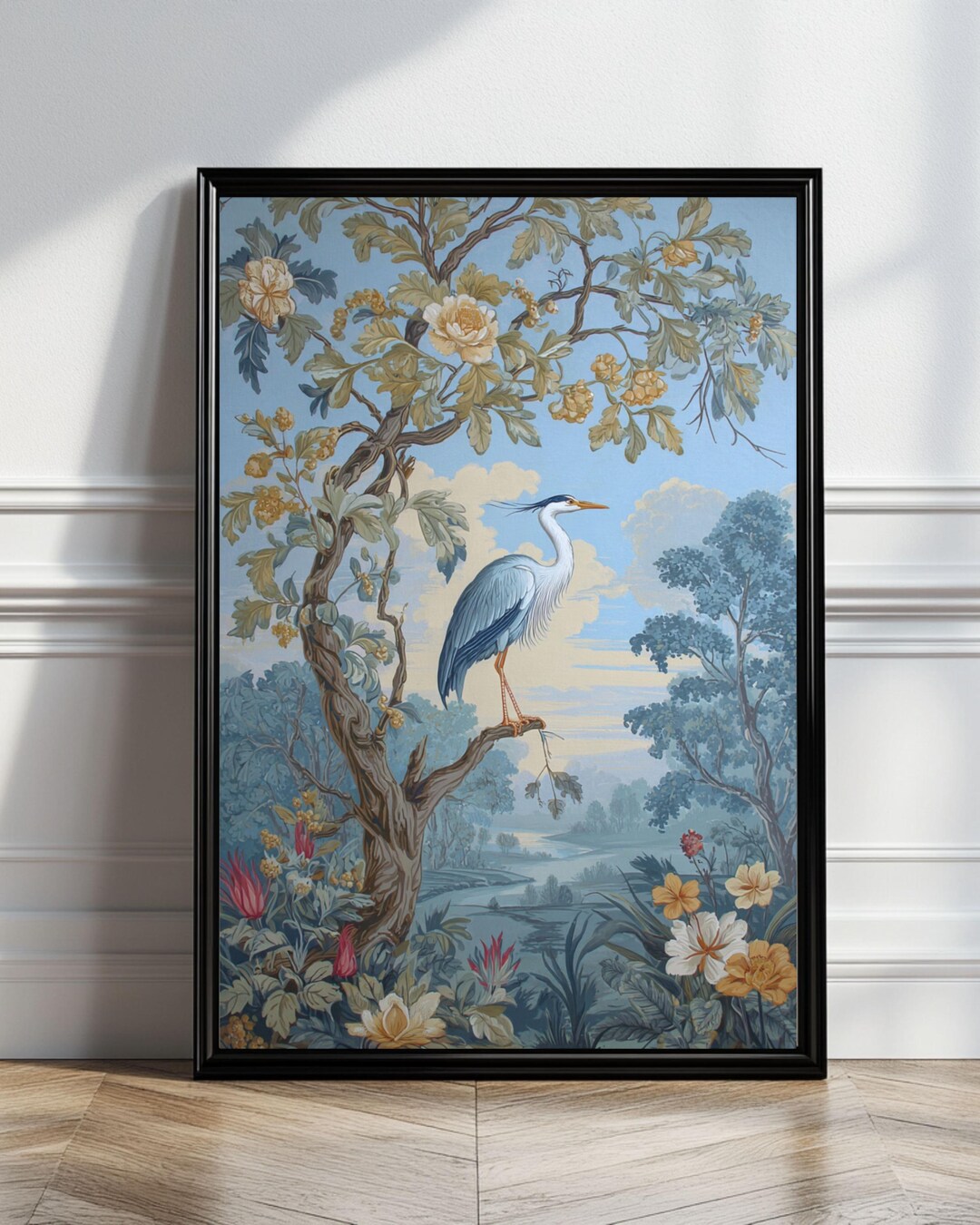 Chinoiserie Heron Print, Botanical Bird Wall Art, Vintage Blue Floral ...