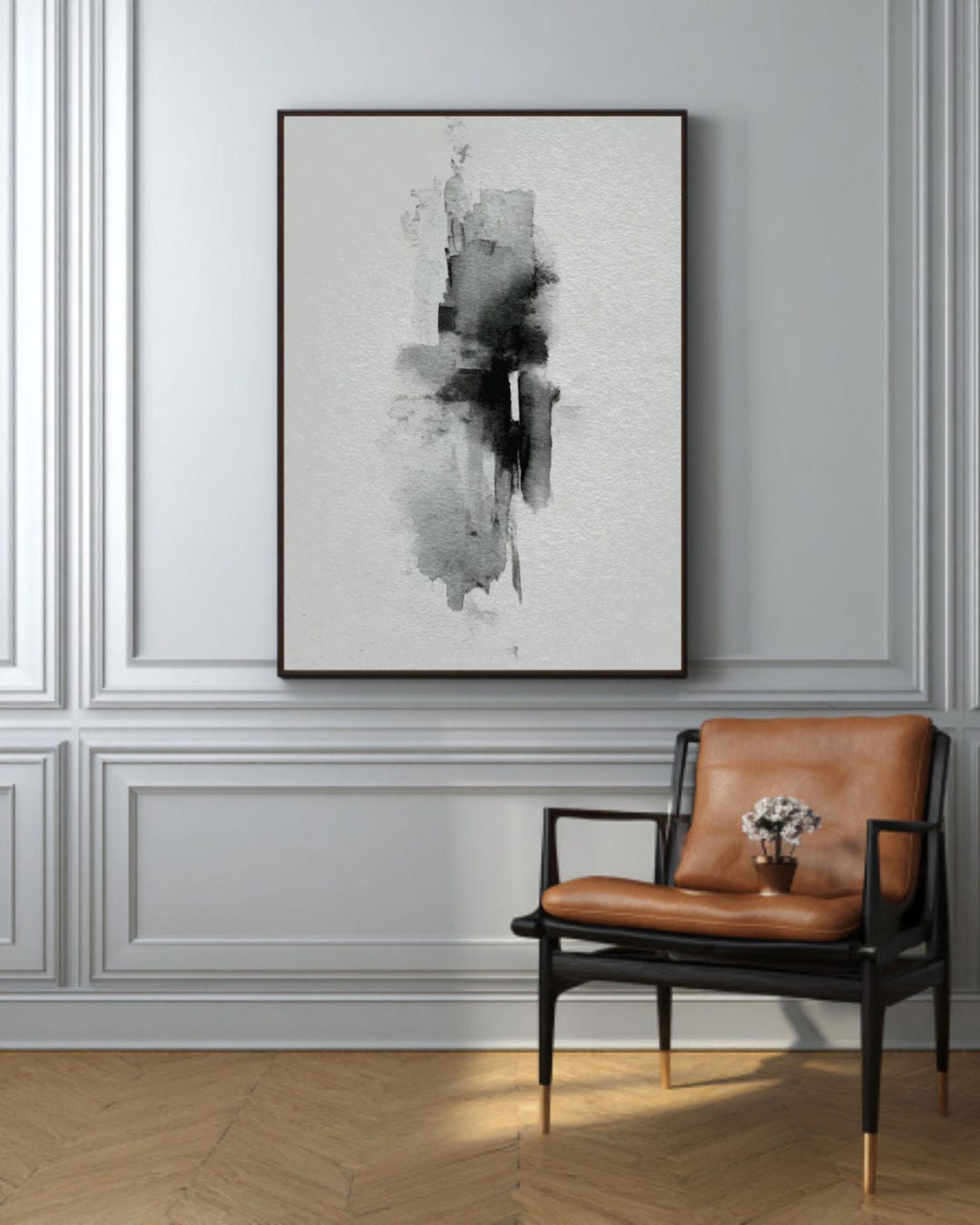 Black Brush Stroke Canvas – Minimalist White Wall Art, Soft Watercolor ...