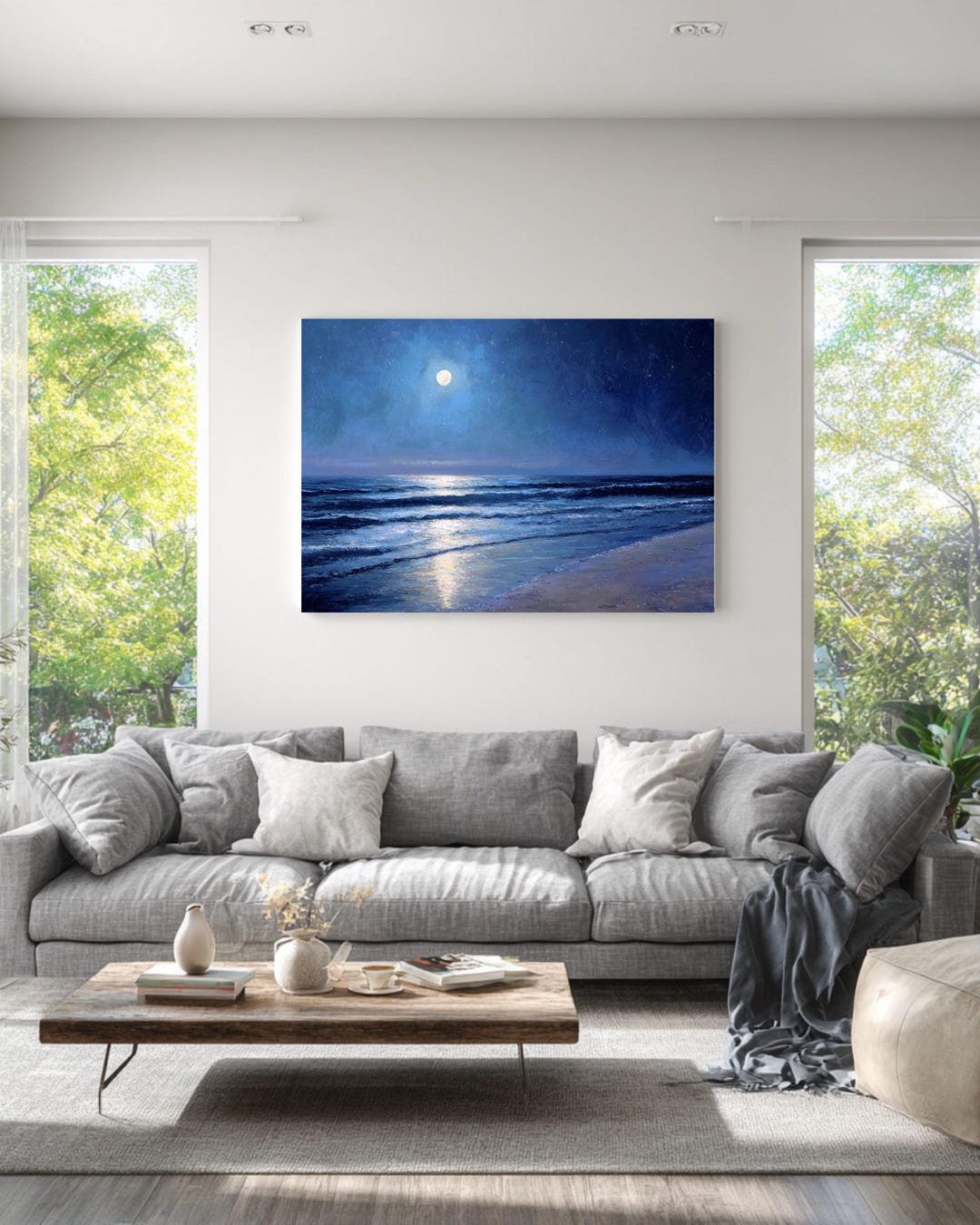 Full Moon Ocean Beach Canvas - Night Seascape Oil Painting Art - Moody ...