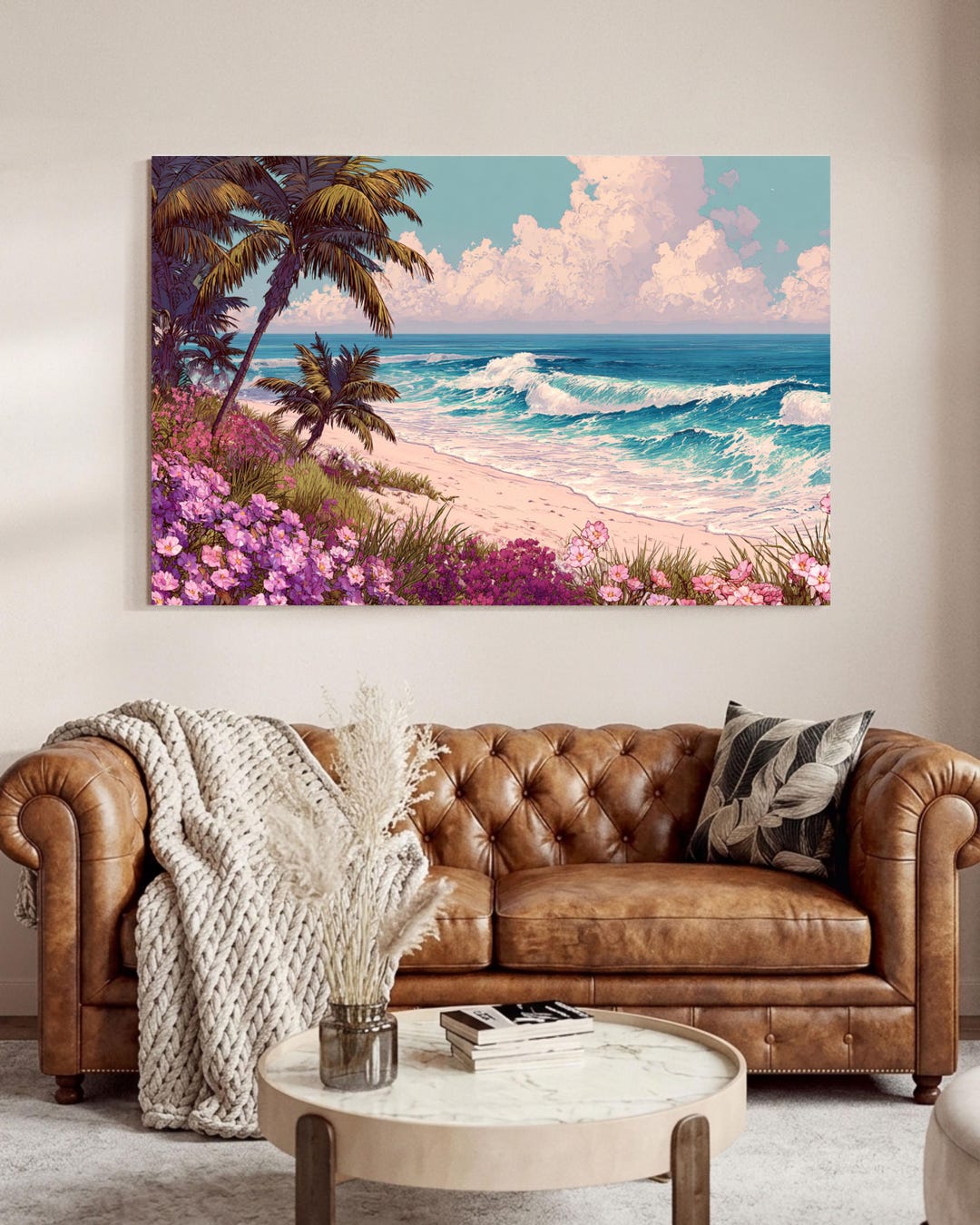 Tropical Beach Paradise Canvas Art | Pink Flowers & Palm Trees Wall ...