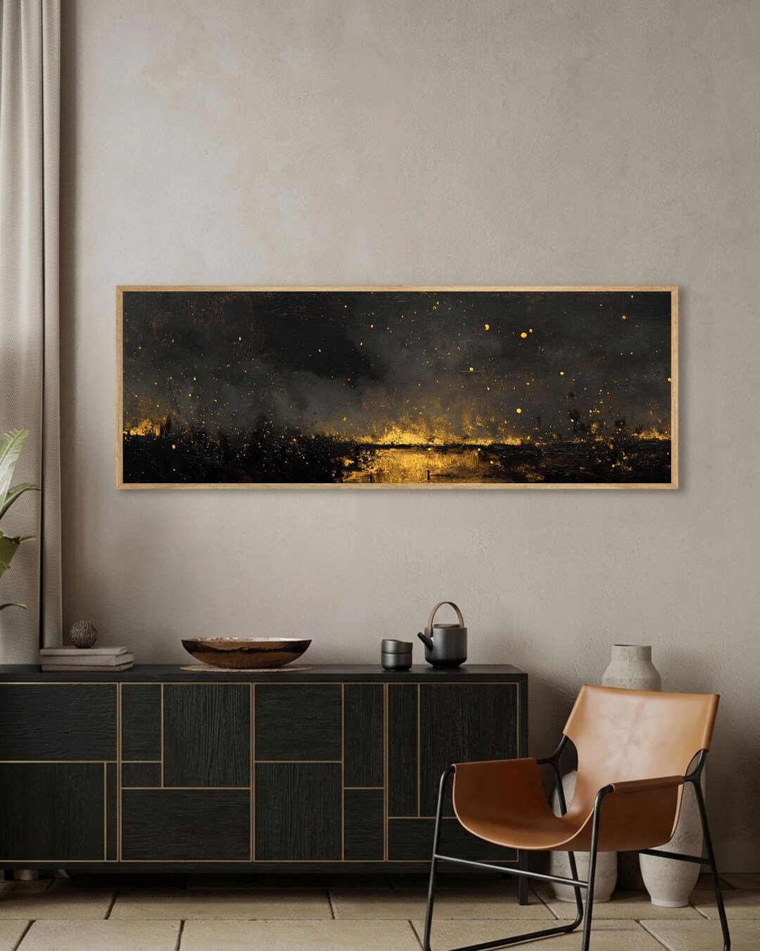 Black and Gold Abstract Canvas Art, Night Sky Reflection Print, Modern ...