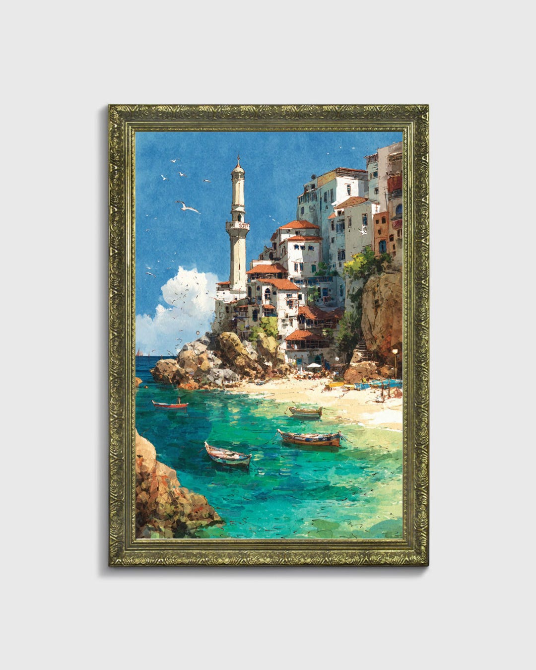 Mediterranean Coastal Town Watercolor, Seaside Village Wall Art, Amalfi ...