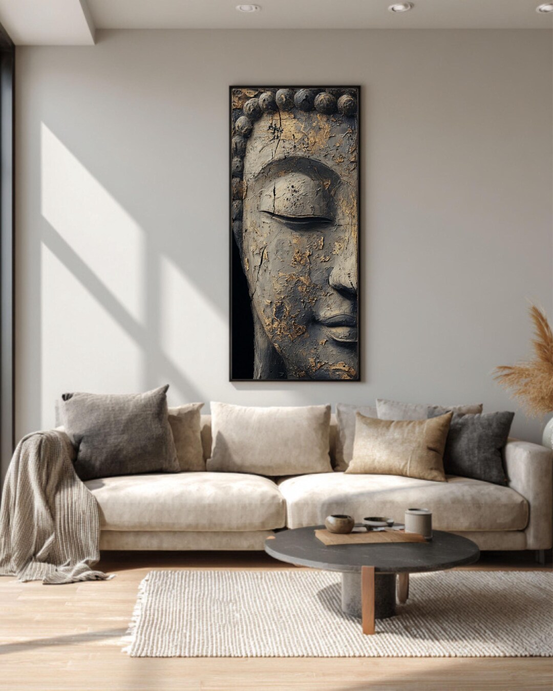 Rustic Zen Buddha Face Canvas Art, Gray Gold Stone, Texture Relief ...