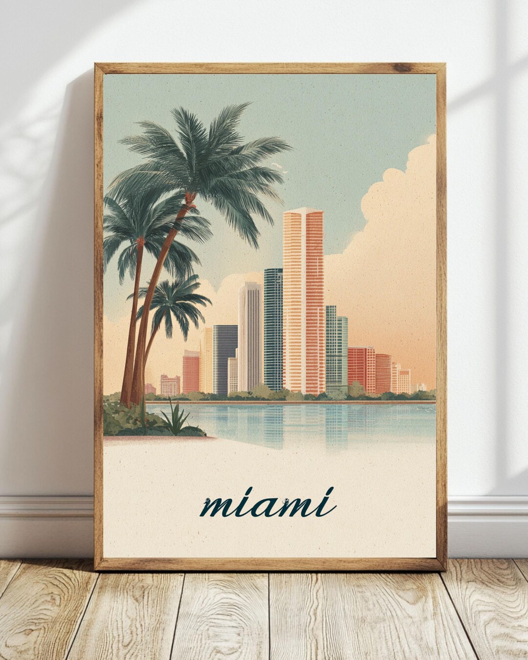 Miami Tree Posters Examples Miami Vintage Travel Poster – Pastel Illustration Skyline, Palm Trees ...