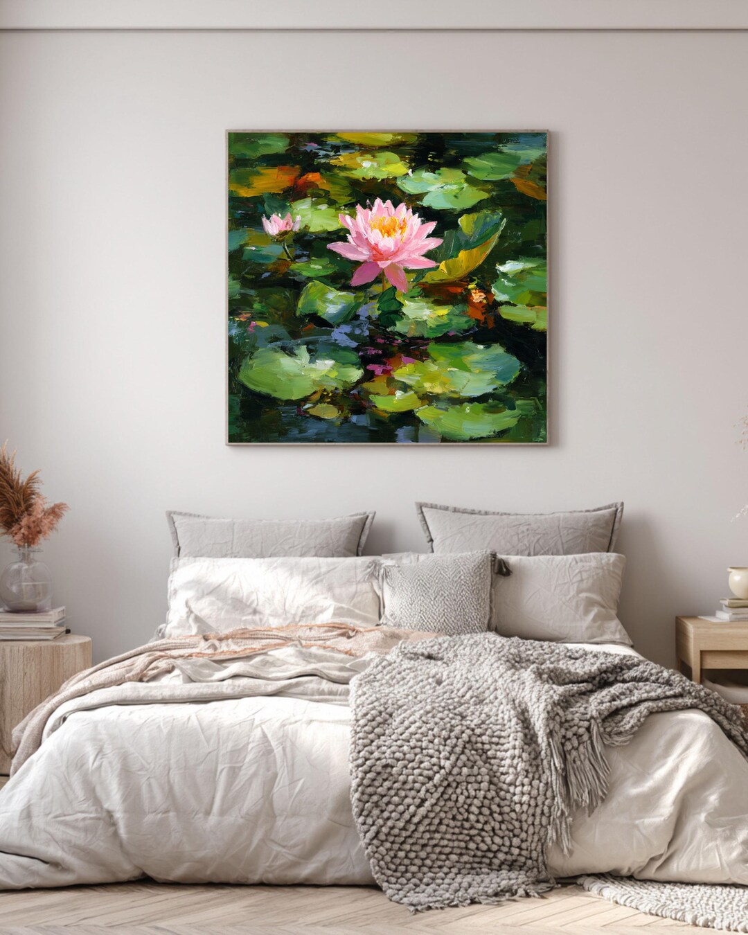 Pink Water Lily Oil Painting Inspired Canvas, Impasto Lotus Pond Decor ...