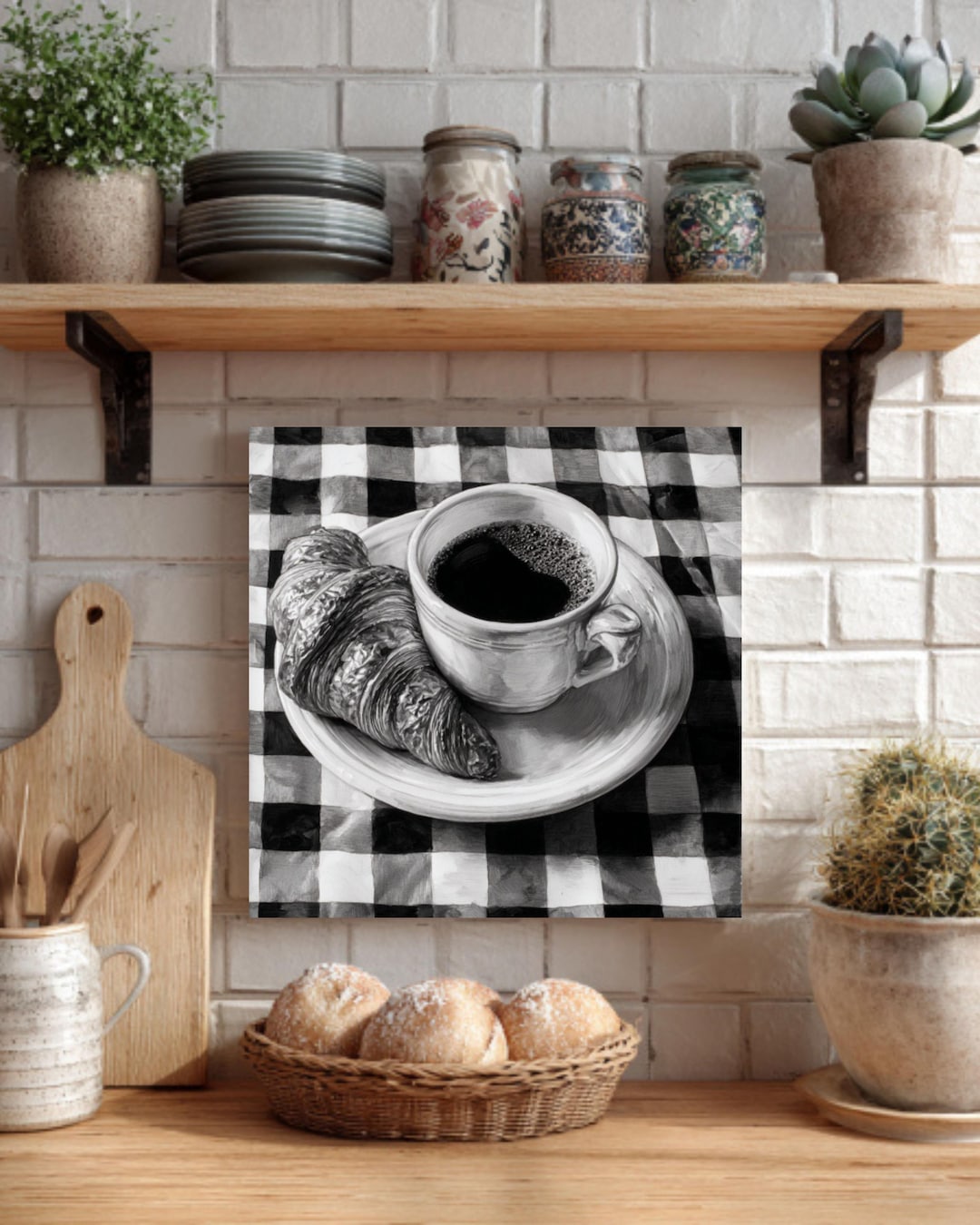 kitchen print, coffee & cake | kitchen prints, wall... Coffee and Croissant Canvas Print – Realistic Kitchen Wall Art - Etsy
