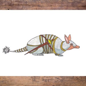 May include: An illustrated armadillo with a steampunk aesthetic. The creature is primarily gray with gold and brown accents, including a harness, a sword, and a spiky tail. The armadillo has rabbit-like ears and a long snout.