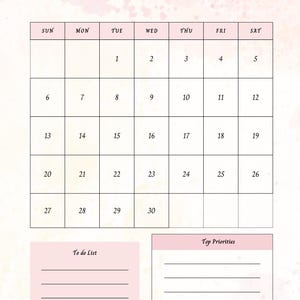 Op de afbeelding: Een roze en witte september 2026 kalender met een aquareleffect. De kalender bevat een takenlijst en een sectie met topprioriteiten. Het woord "September" is in een scriptlettertype geschreven.