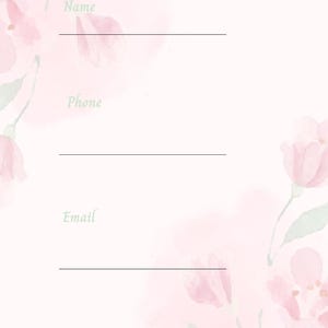 Op de afbeelding: Een lichtroze aquarelformulier met drie lijnen voor informatie. De woorden "Name", "Phone" en "Email" zijn geschreven in een zachtgroene letter. Roze bloemaccenten bevinden zich in de hoeken.