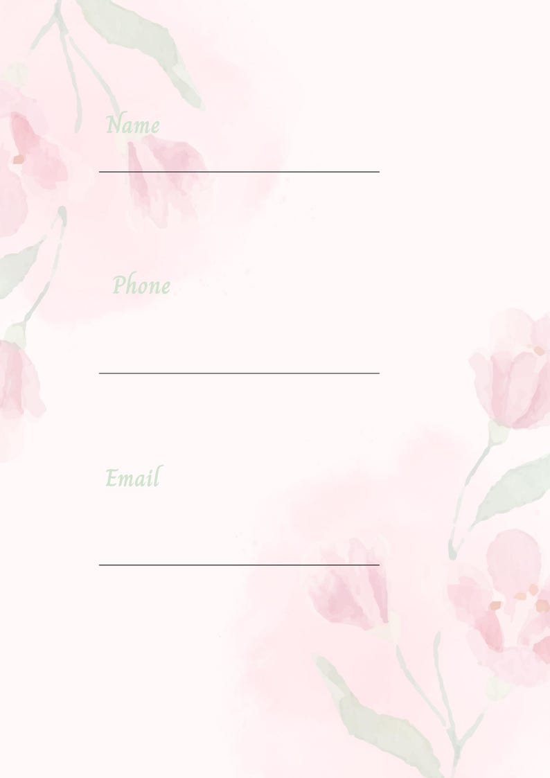 Op de afbeelding: Een lichtroze aquarelformulier met drie lijnen voor informatie. De woorden "Name", "Phone" en "Email" zijn geschreven in een zachtgroene letter. Roze bloemaccenten bevinden zich in de hoeken.