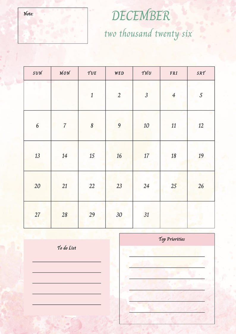 Op de afbeelding: Een december 2026 kalender met een zachte roze en witte aquarel achtergrond. Het kalenderraster is in een rasterformaat met de dagen van de week bovenaan. Er zijn ook secties "To do List" en "Top Priorities".