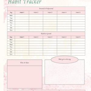 Op de afbeelding: Een roze en witte wekelijkse habit tracker met secties voor persoonlijke en professionele gewoonten, gezondheid en groei, notities en gebieden om uitdagingen en verbeteringen te identificeren. De titel "WEEKLY Habit Tracker" is groen.