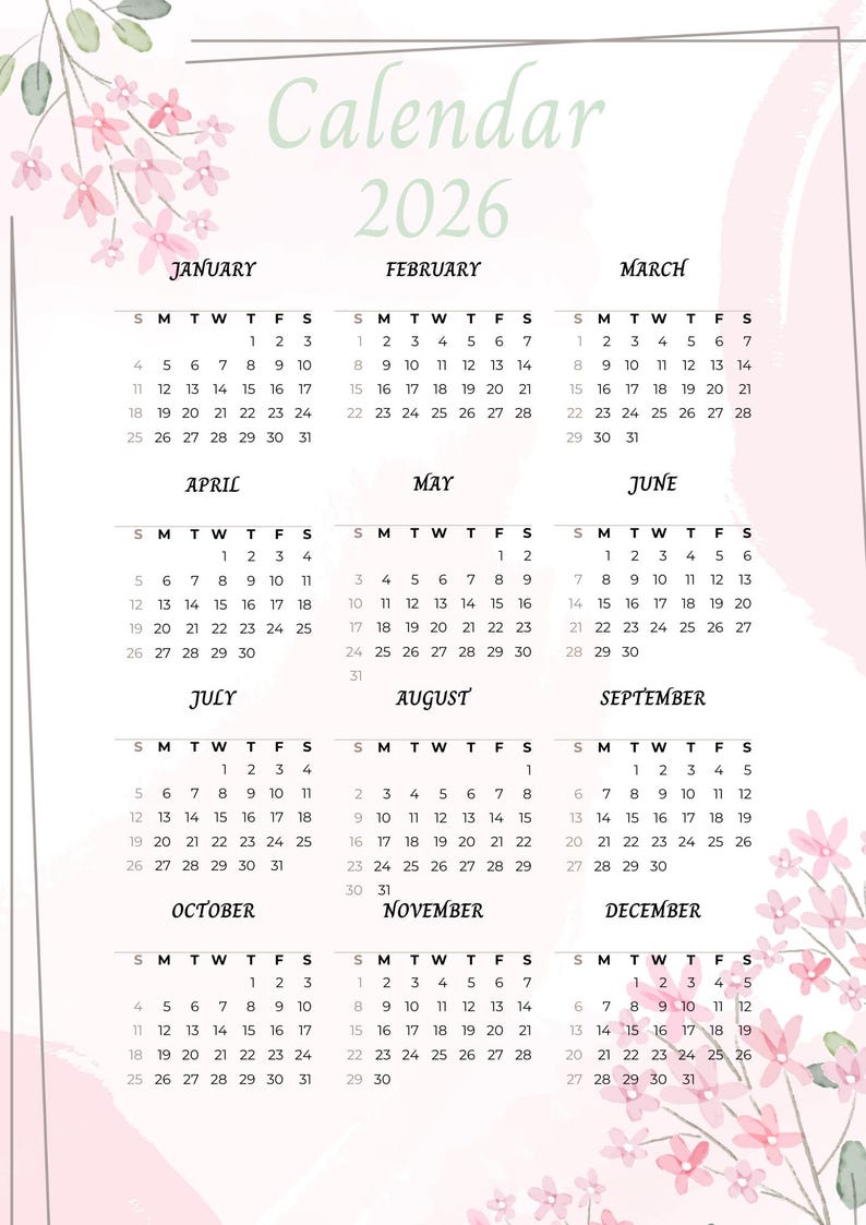 Op de afbeelding: Een kalender voor 2026 met een zachtroze en groene bloemenontwerp. De kalender toont de maanden januari tot en met december, met de dagen en data van elke maand duidelijk zichtbaar. Het woord "Kalender" en het jaar "2026" staan bovenaan.
