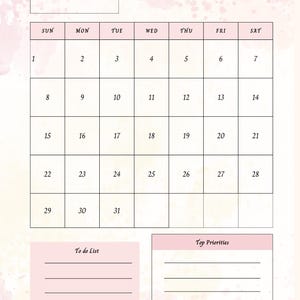 Op de afbeelding: Een roze en witte maart 2026 kalender met een bloemenontwerp. De kalender bevat een takenlijst en een sectie voor topprioriteiten. De tekst "March two thousand twenty six" staat bovenaan.