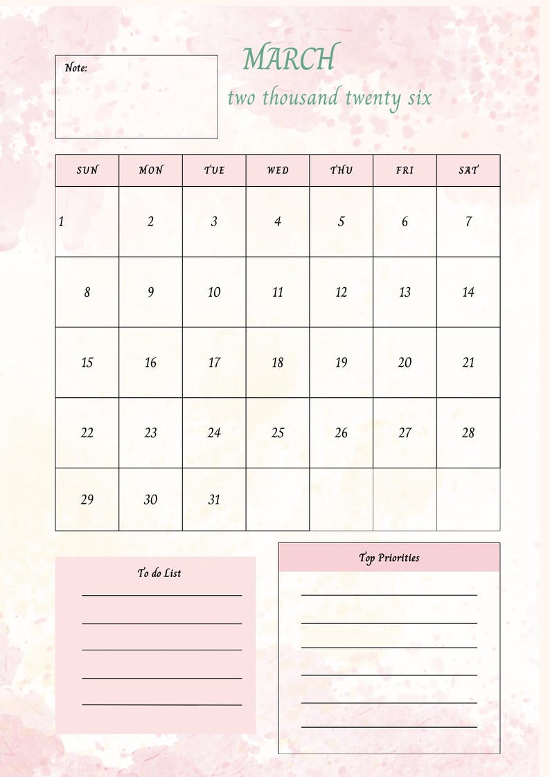 Op de afbeelding: Een roze en witte maart 2026 kalender met een bloemenontwerp. De kalender bevat een takenlijst en een sectie voor topprioriteiten. De tekst "March two thousand twenty six" staat bovenaan.