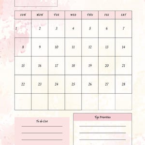 Op de afbeelding: Een roze en witte februari 2026 kalender met een aquarel ontwerp. De kalender bevat een "To Do List" en "Top Priorities" sectie. De dagen van de week staan bovenaan, met data van 1 tot en met 28.