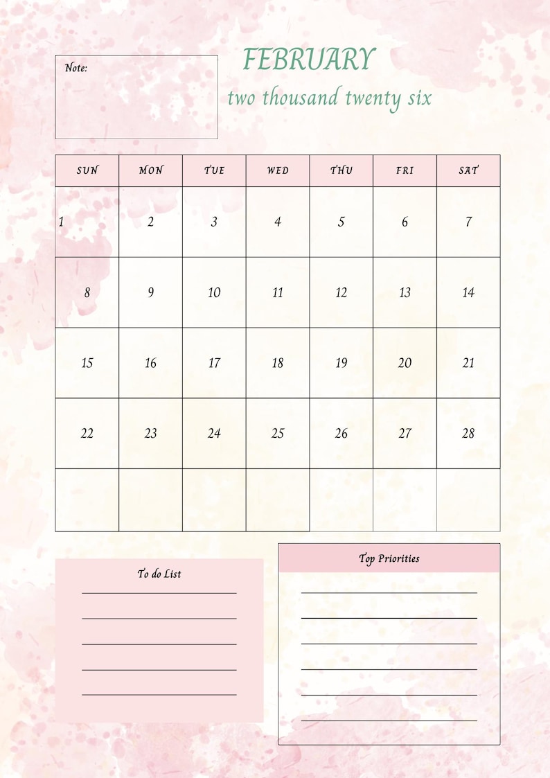 Op de afbeelding: Een roze en witte februari 2026 kalender met een aquarel ontwerp. De kalender bevat een "To Do List" en "Top Priorities" sectie. De dagen van de week staan bovenaan, met data van 1 tot en met 28.